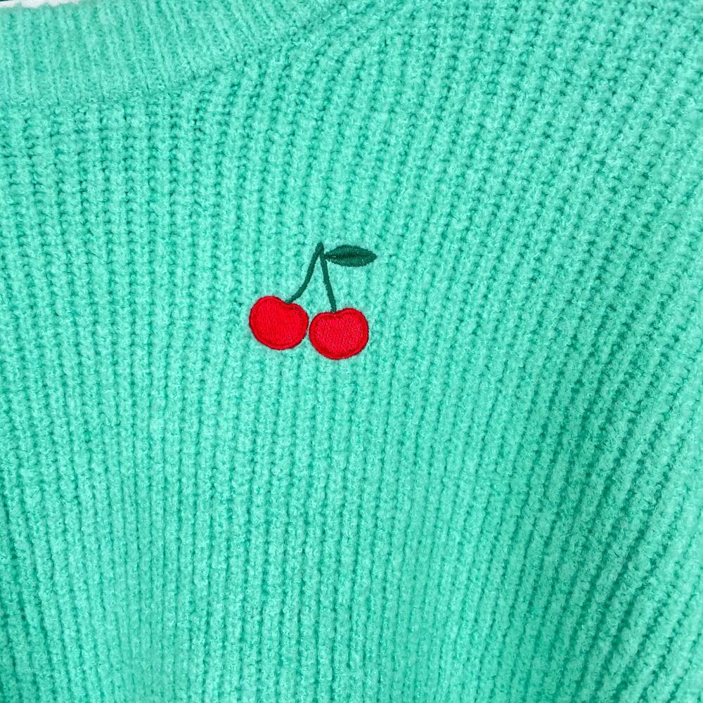 Womens Sweater Sz L Cottage Embroidered Cherry Thick Chunky Seafoam Kidcore - Picture 5 of 6